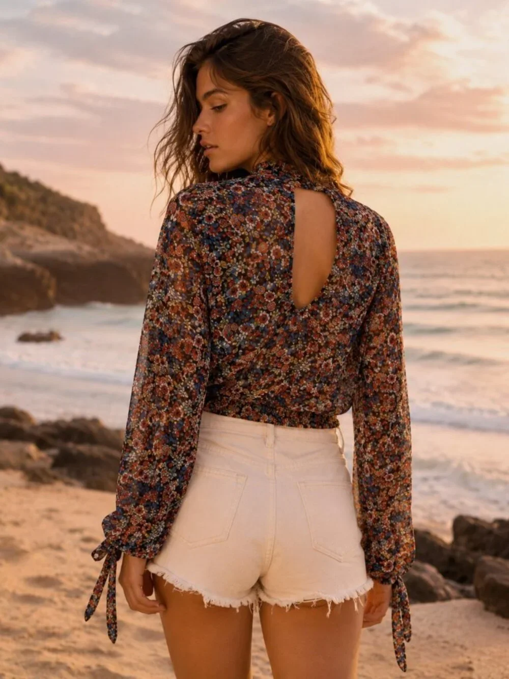 Free People All Dolled Up Mesh Floral Long Sleeve Shirt